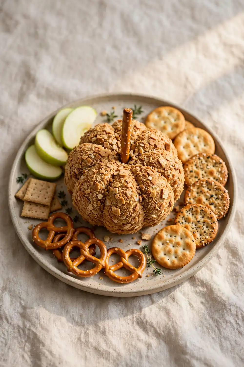 Pumpkin cheese ball with pretzel stem and crackers