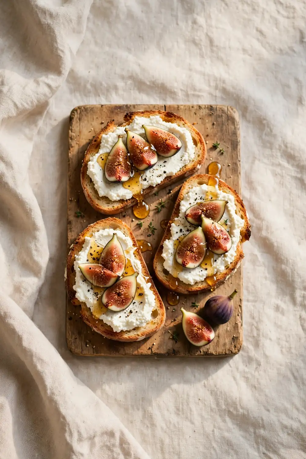 Fig ricotta toasts with honey and cracked pepper