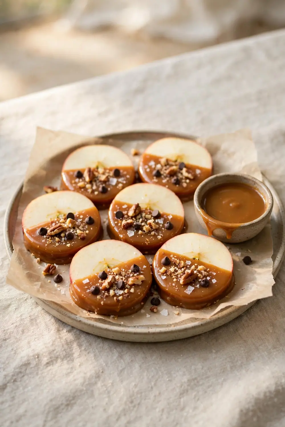 Caramel apple bites with nuts chocolate and sea salt