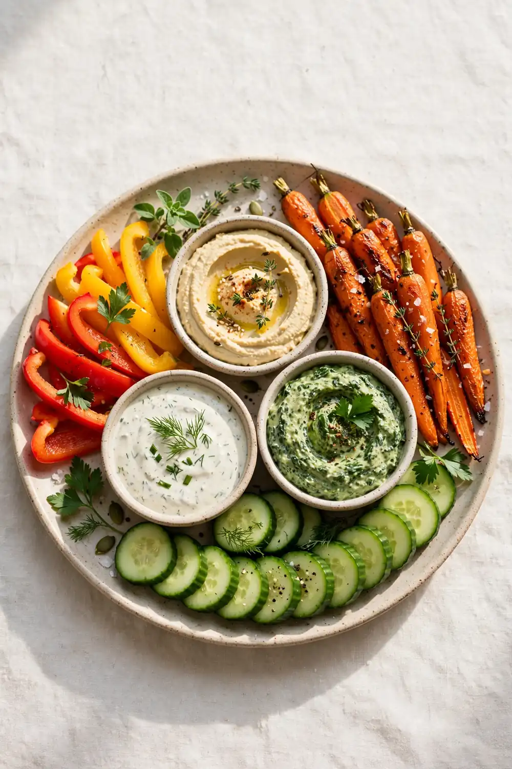 Autumn veggie platter with hummus ranch and spinach dip