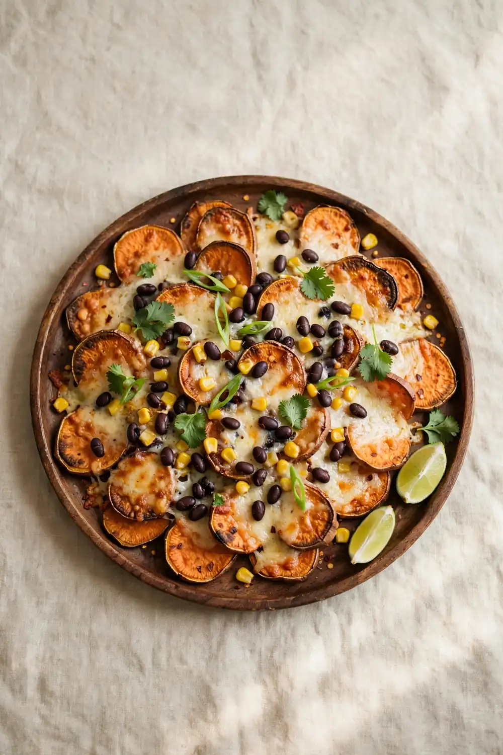 Sweet potato nachos with black beans corn and lime crema