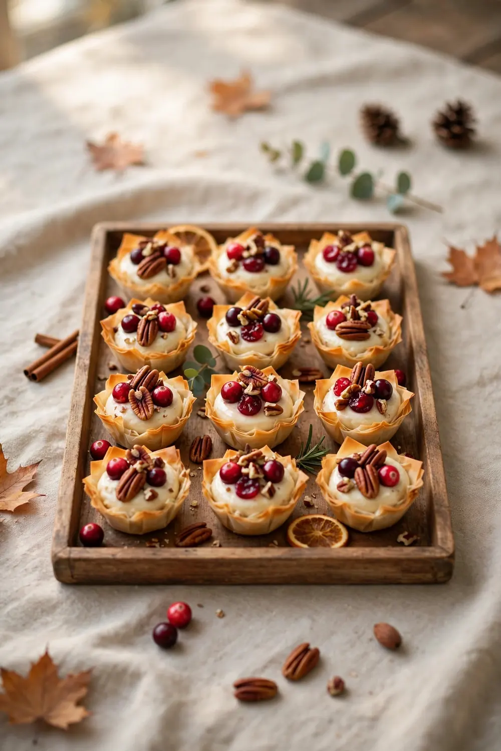 Cranberry pecan bites in phyllo cups on a tray