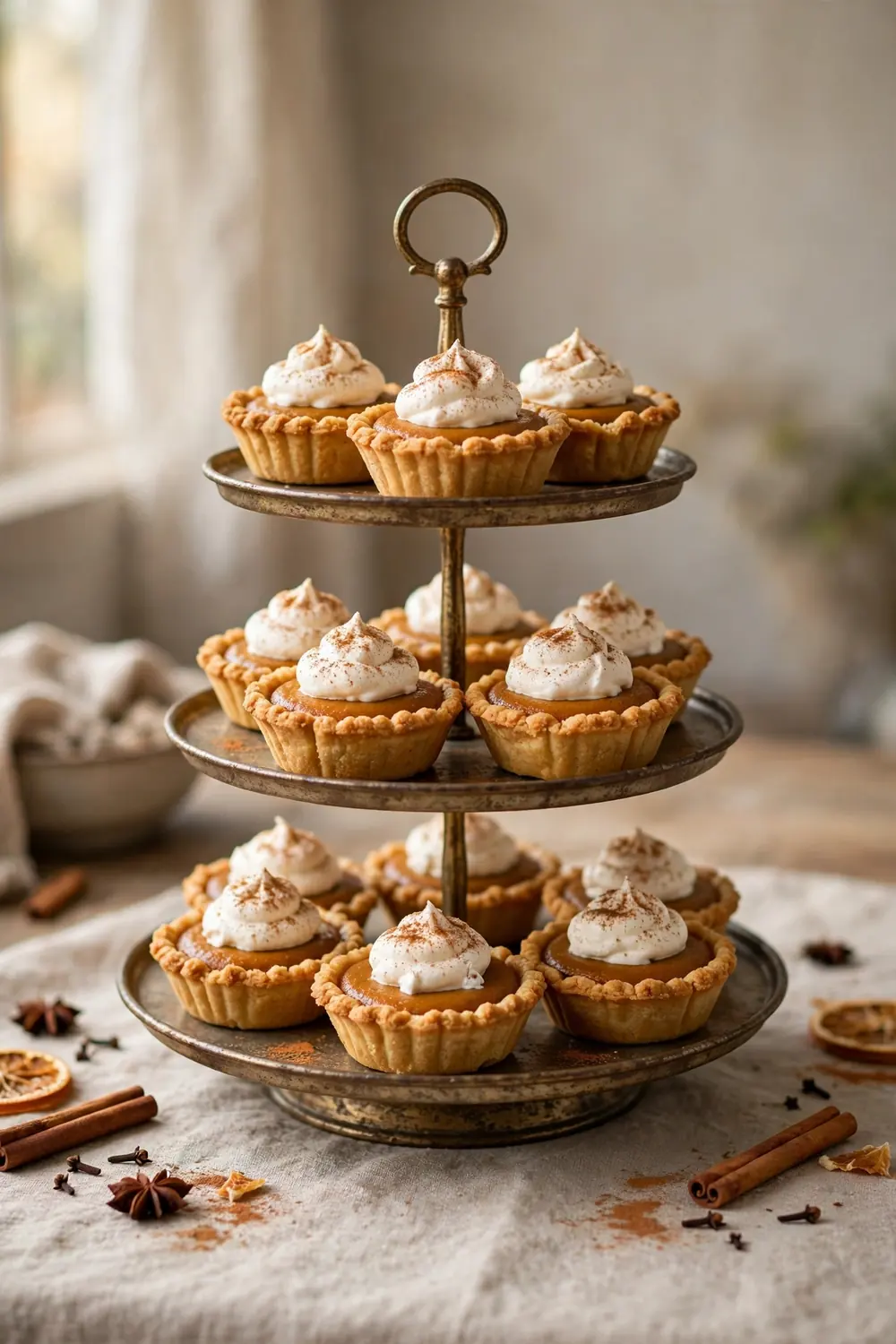 Mini pumpkin pies with whipped cream and cinnamon