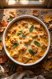 Creamy pumpkin chicken bake in a white ceramic dish