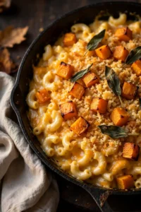 Butternut squash mac and cheese in a cast iron skillet