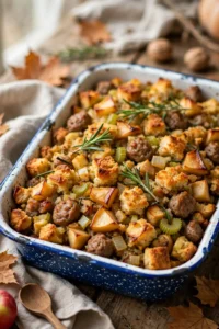Apple and sausage stuffing casserole with herbs
