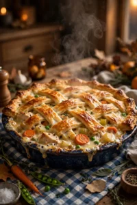 Harvest chicken pot pie with puff pastry lattice top