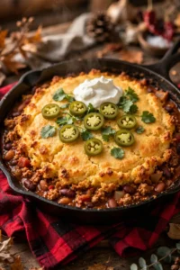 Chili cornbread bake in a cast iron skillet