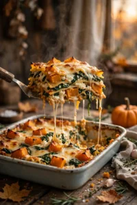 Autumn vegetable lasagna slice with roasted pumpkin