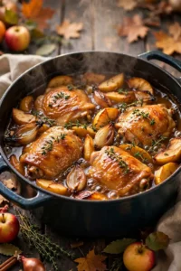 Cider chicken casserole with apples in a Dutch oven