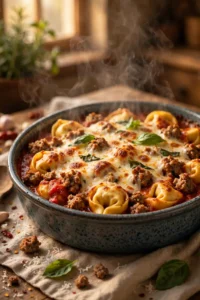 Sausage tortellini bake with melted mozzarella