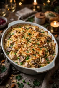 Turkey tetrazzini with toasted almond topping