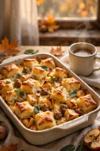 Autumn breakfast strata with sausage and apples