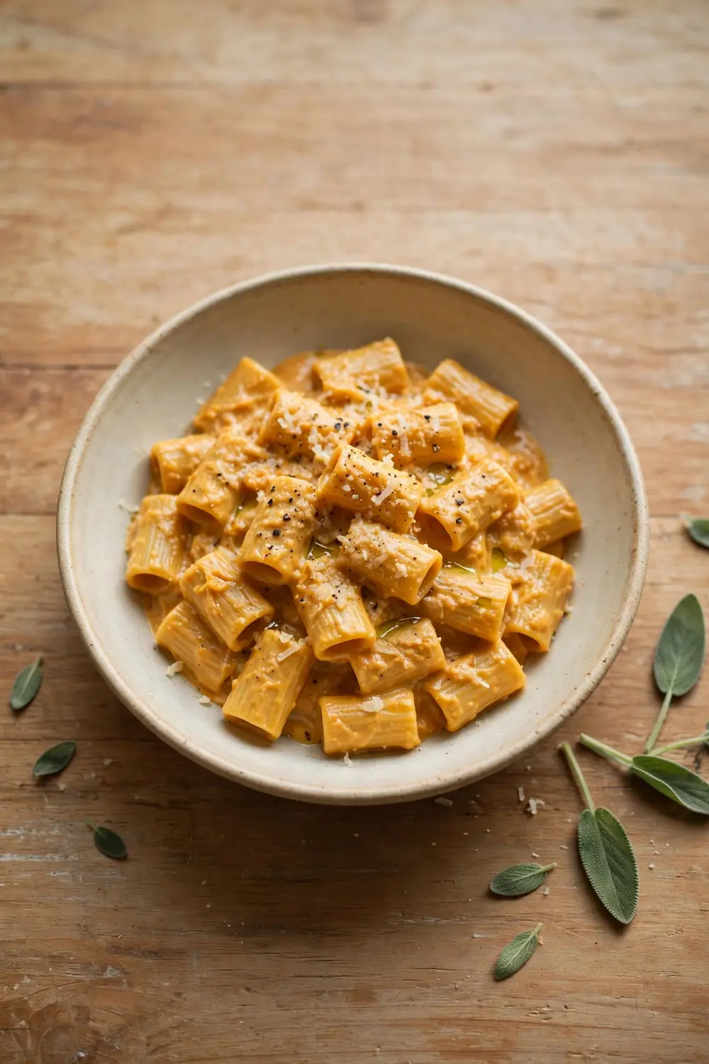 Creamy pumpkin pasta in a ceramic bowl