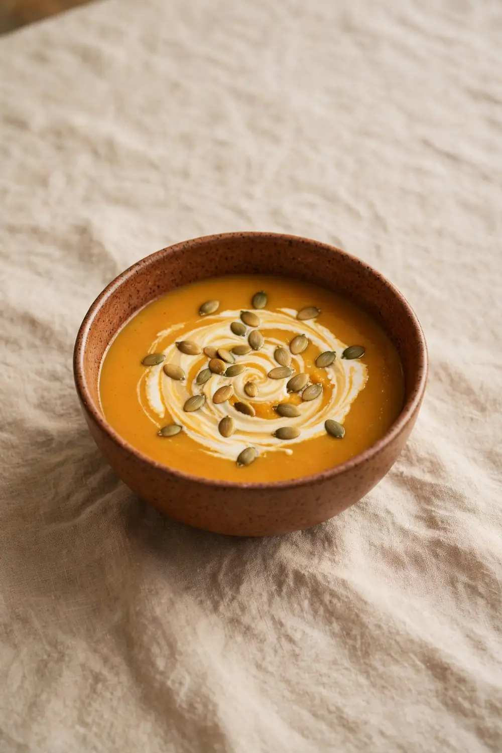 Butternut squash soup in a bowl with cream swirl