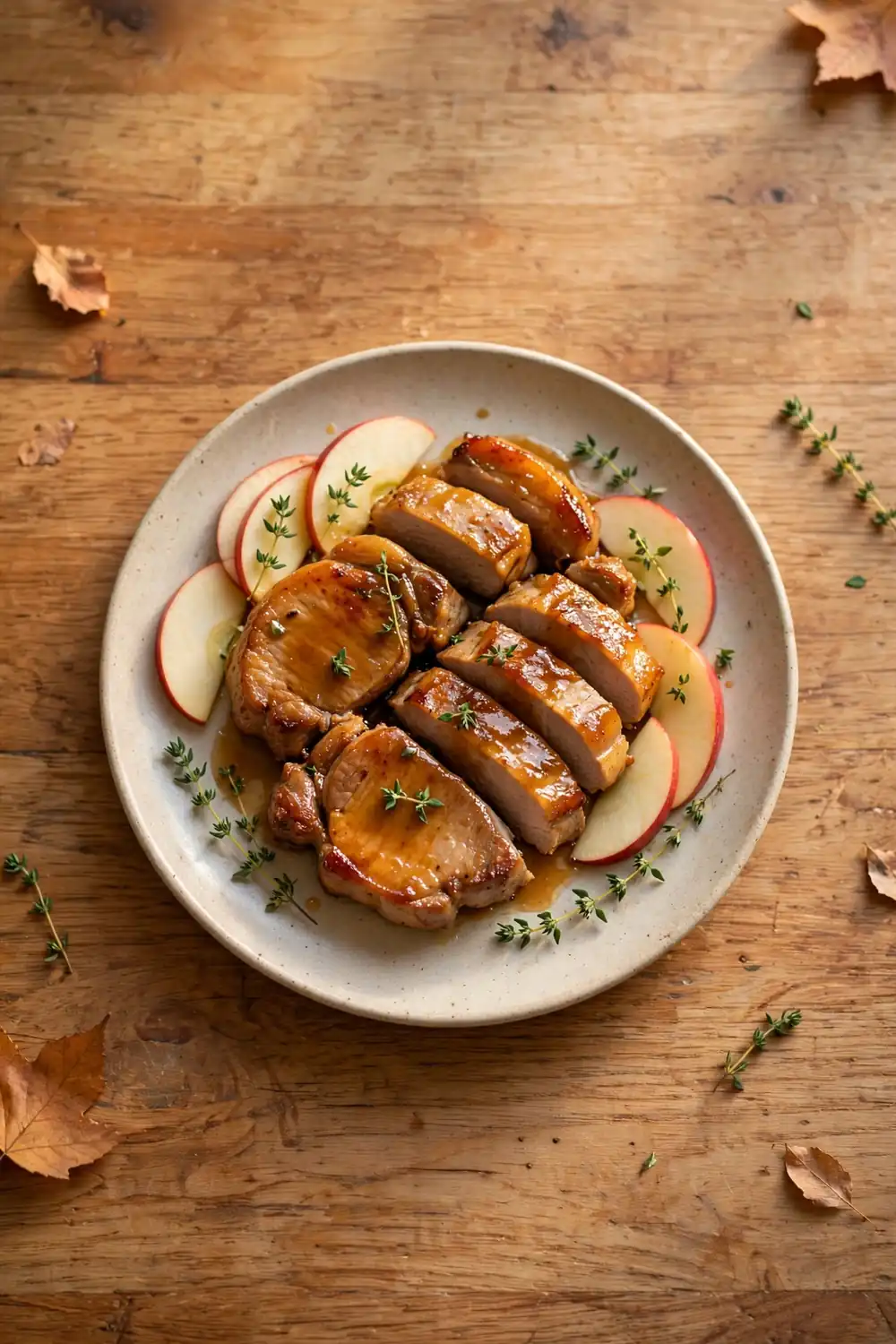 Apple cider pork chops with apple slices on a plate