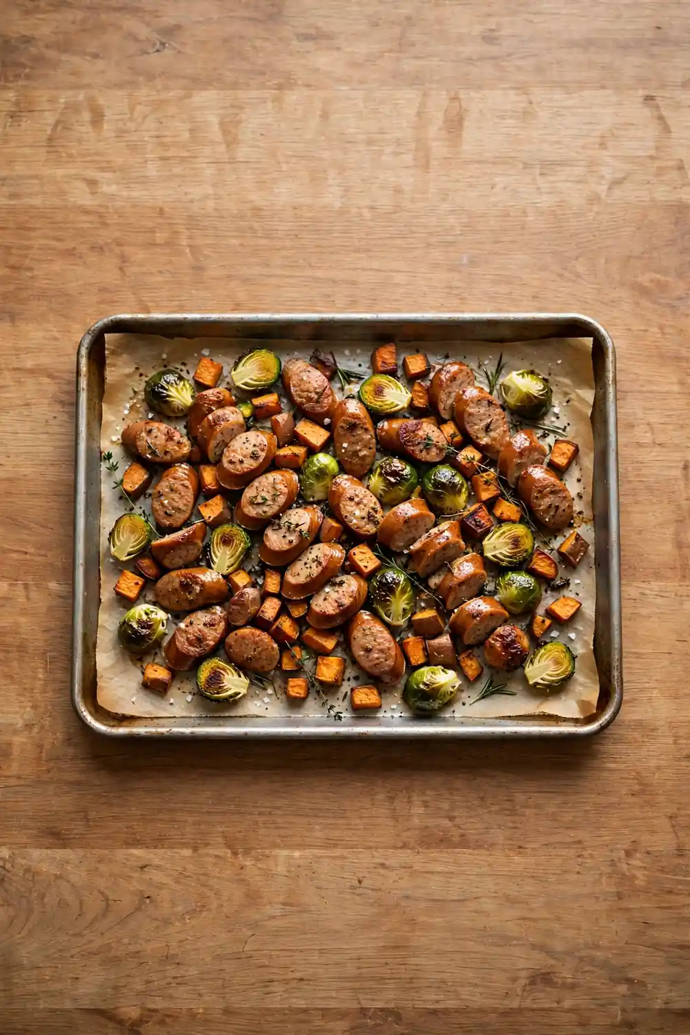 Harvest sheet pan dinner with sausage and vegetables