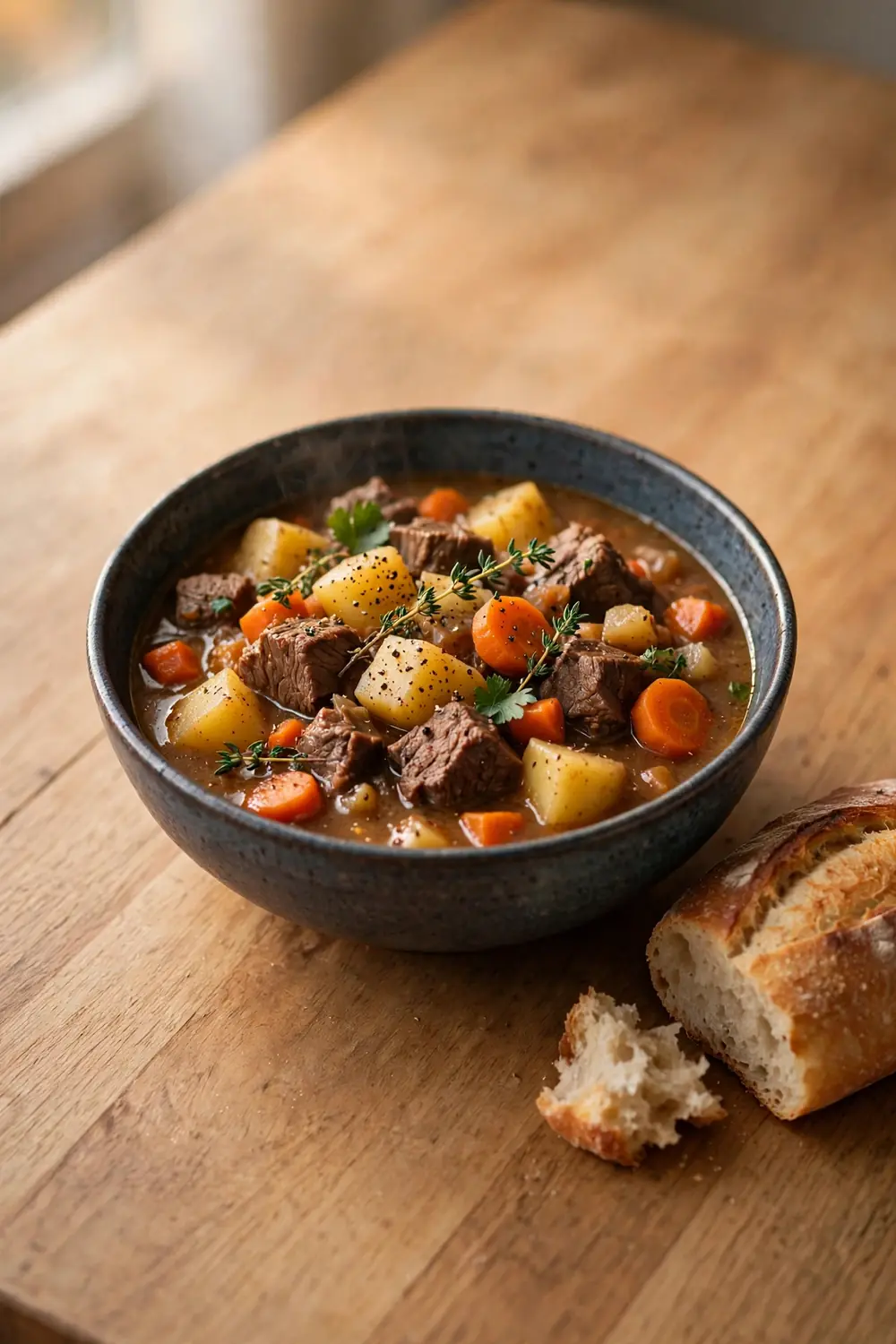 Cozy beef stew with carrots and potatoes in a bowl