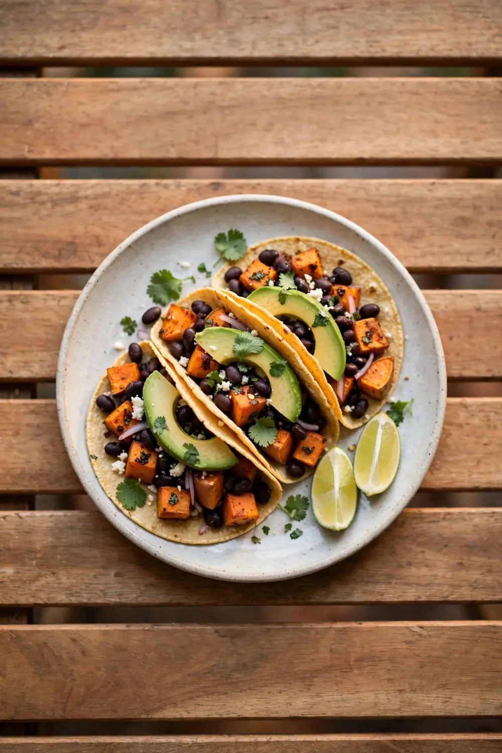 Sweet potato tacos with black beans and avocado