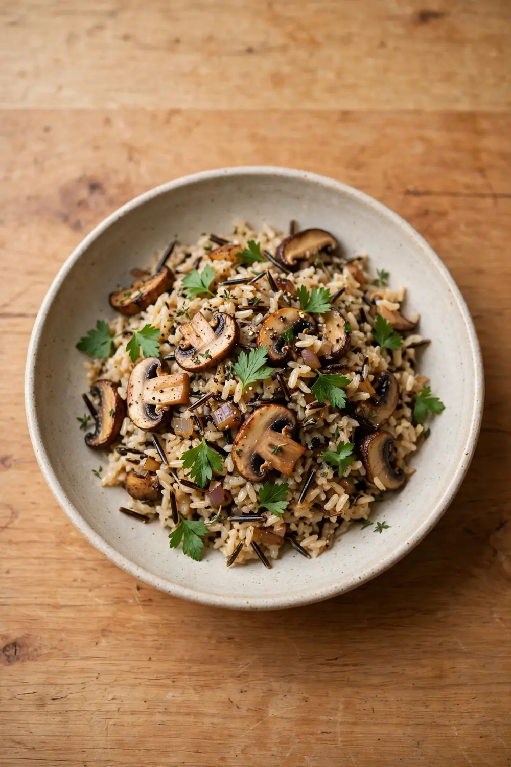 Mushroom wild rice pilaf in a bowl