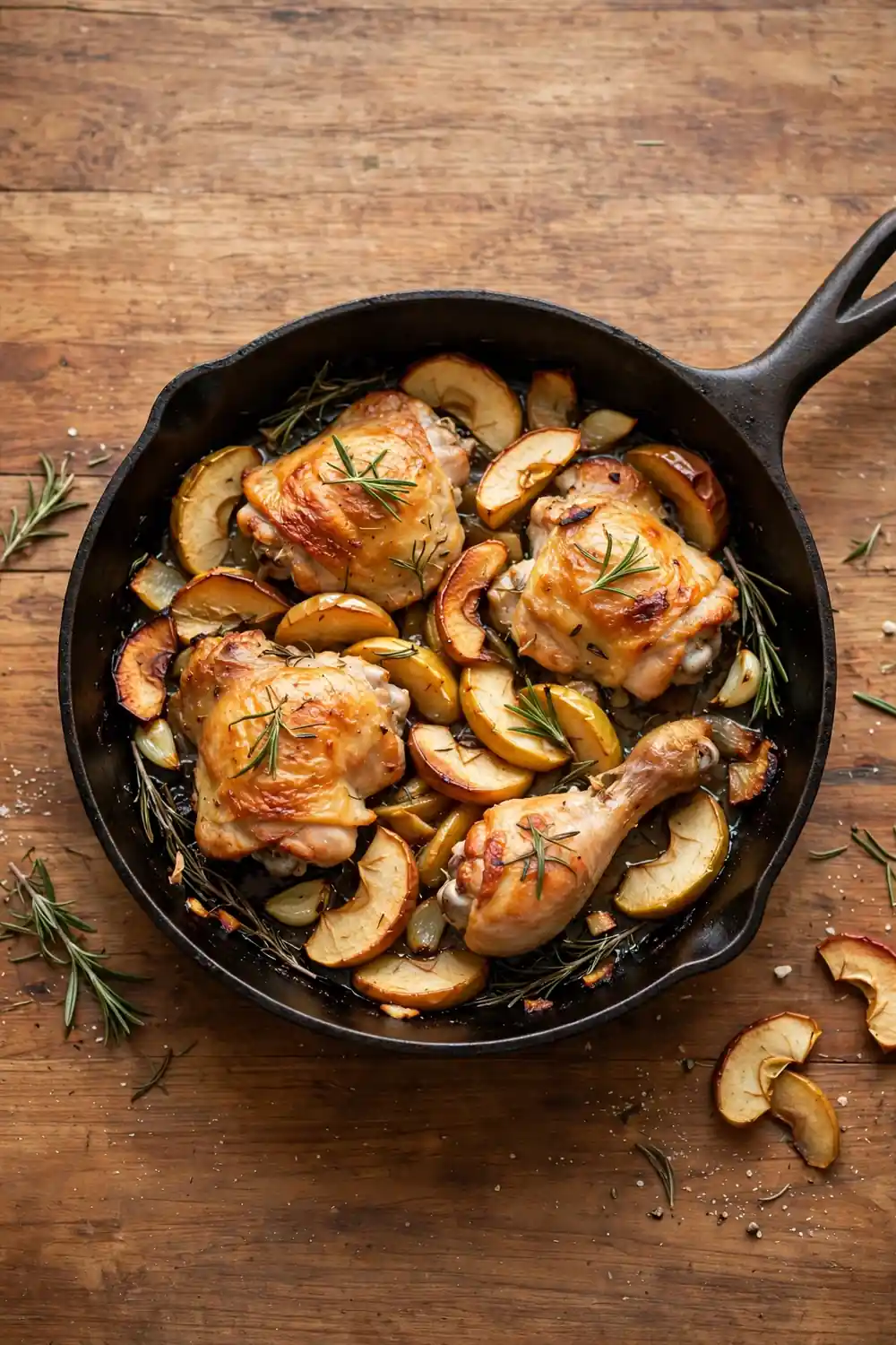 Baked apple chicken with apple slices in a skillet