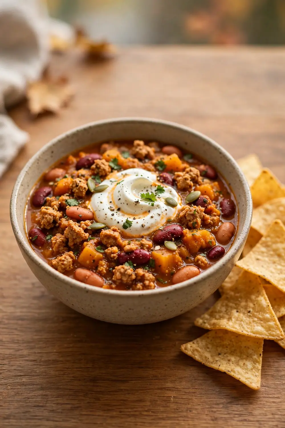 Pumpkin chili with beans in a bowl