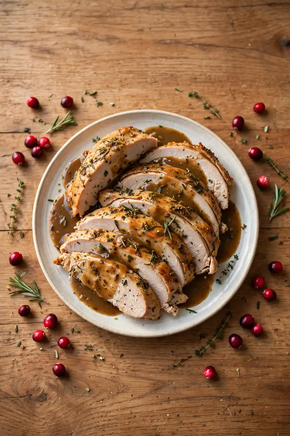 Herb roasted turkey breast slices on a platter