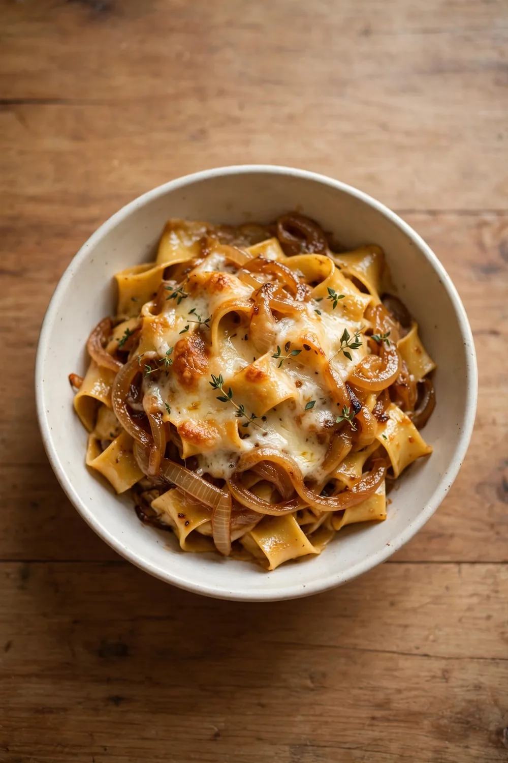 Caramelized onion pasta with cheese in a bowl