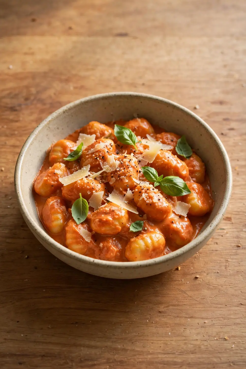 Creamy tomato gnocchi with basil in a bowl