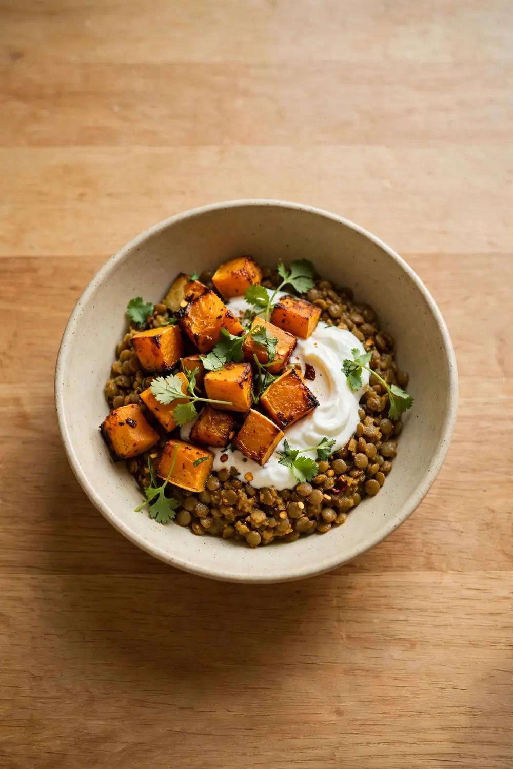Spiced lentil bowls with roasted squash and yogurt