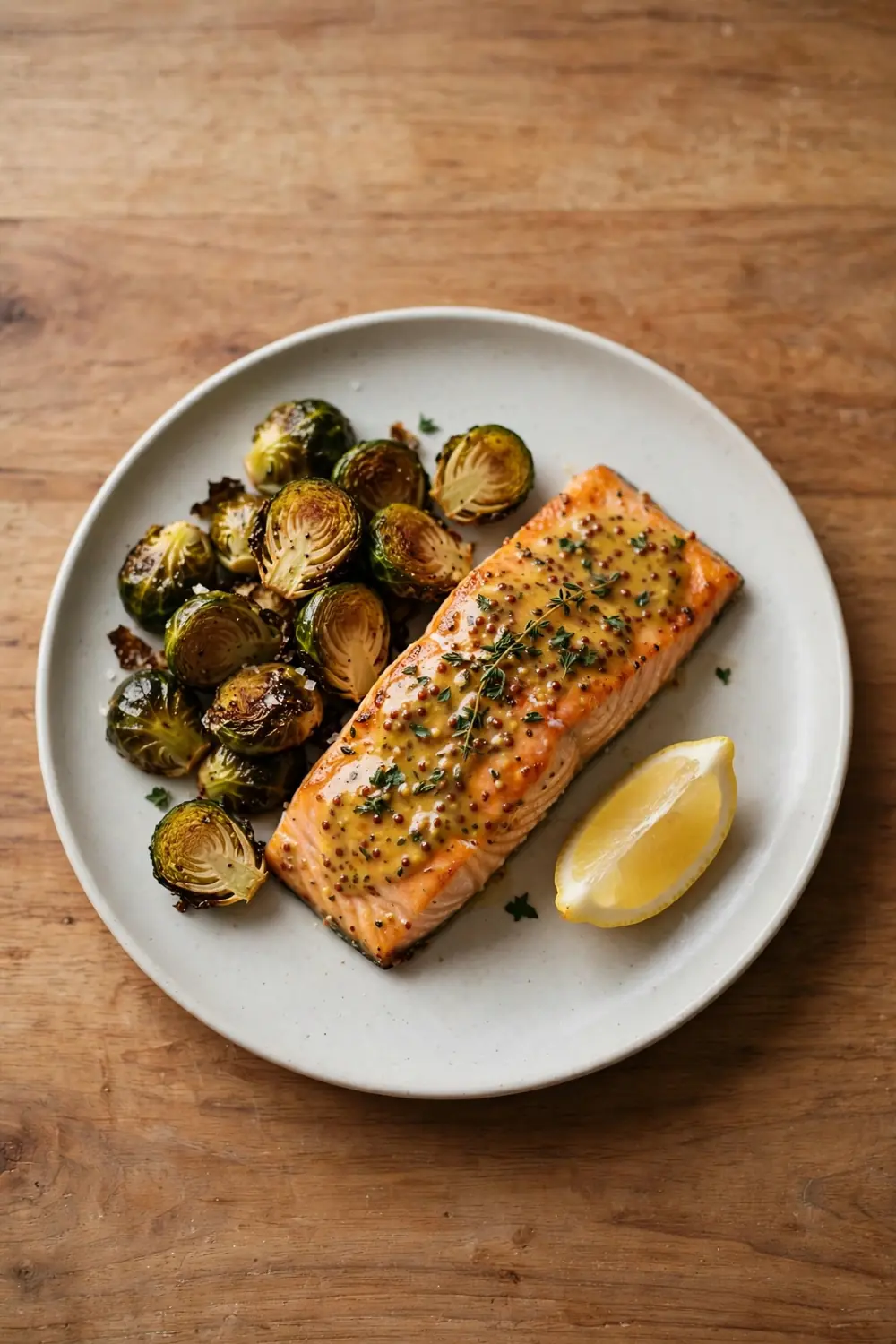 Honey mustard salmon with Brussels sprouts on a plate