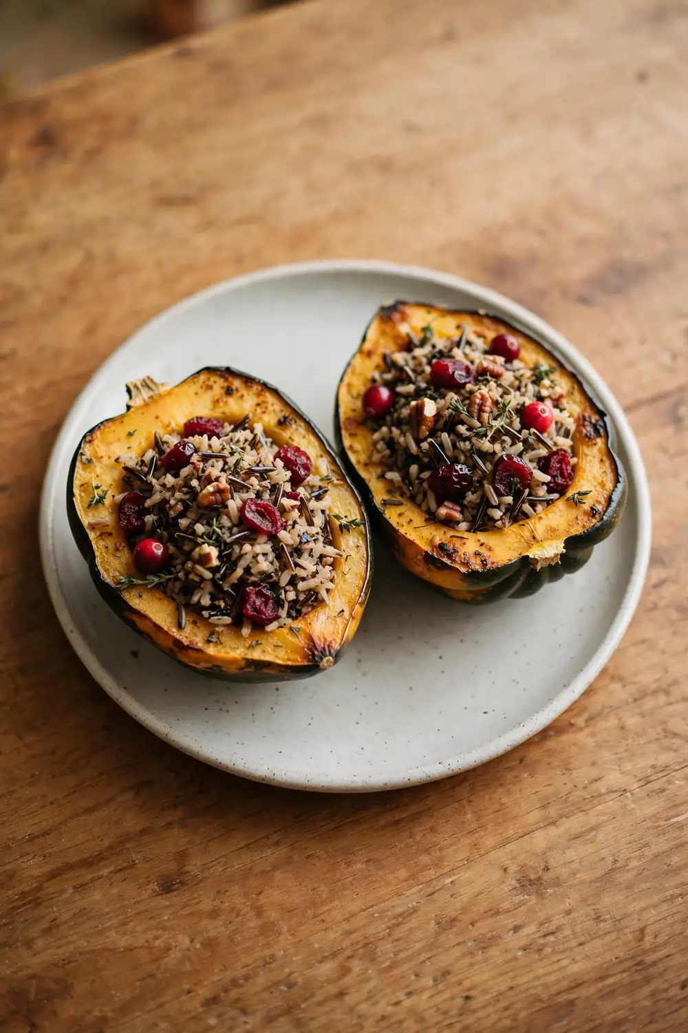 Stuffed acorn squash halves with wild rice on a plate
