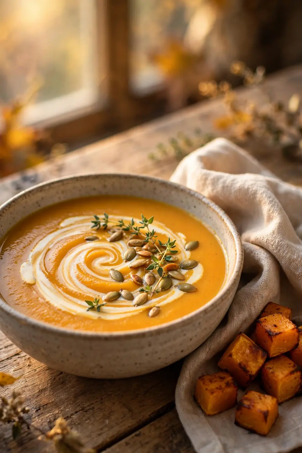 Creamy butternut squash soup with cream swirl and pumpkin seeds