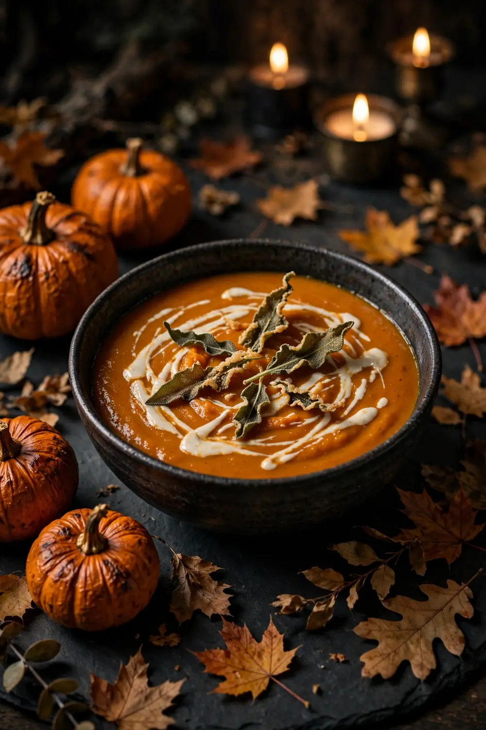 Spiced pumpkin soup with cream swirl and crisp sage leaves