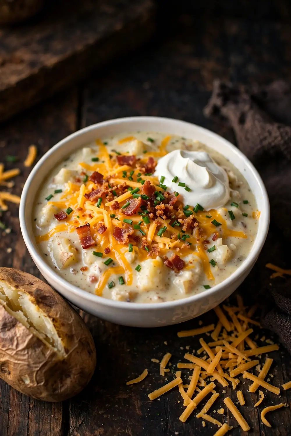 Loaded baked potato soup with cheddar bacon and chives