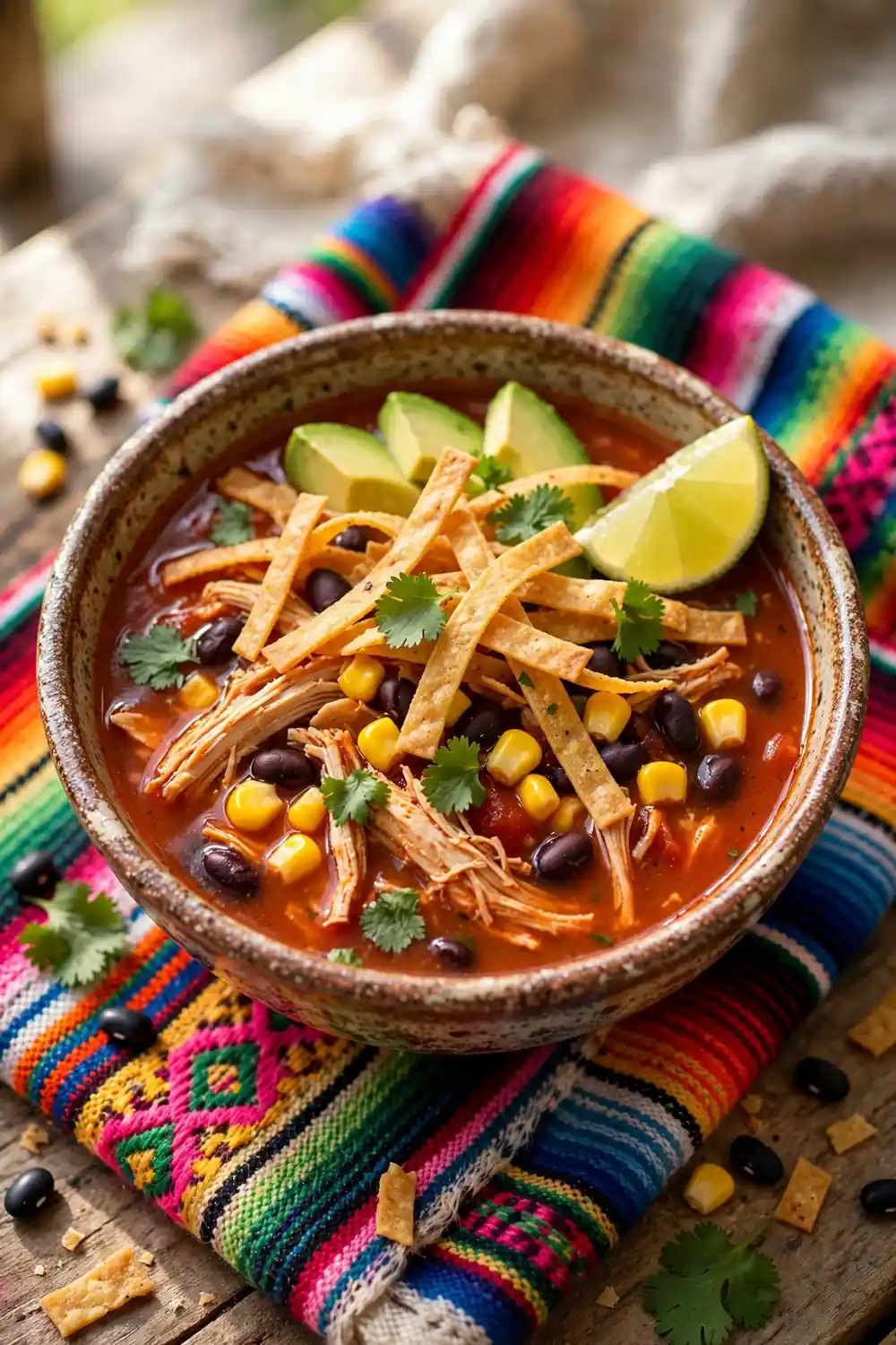 Chicken tortilla soup with avocado corn black beans and lime