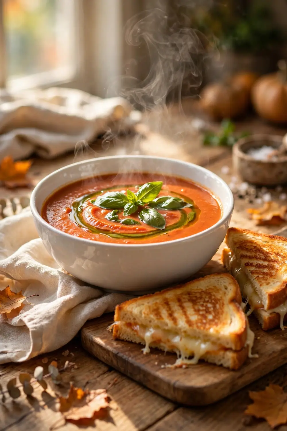 Roasted tomato basil soup with grilled cheese sandwich