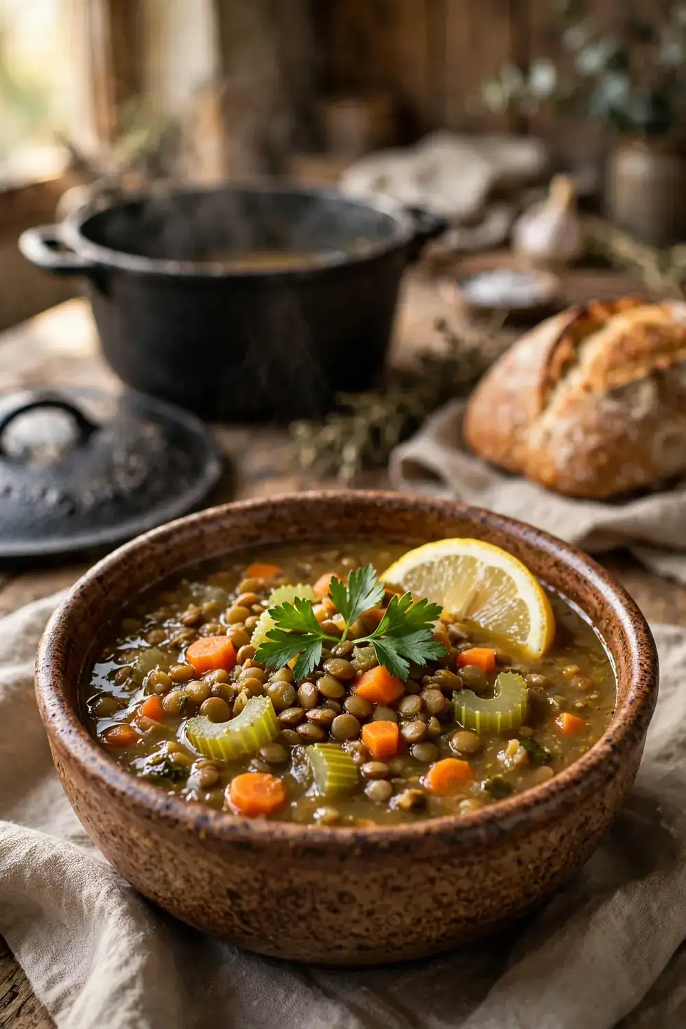 Hearty lentil soup with carrots celery lemon and parsley