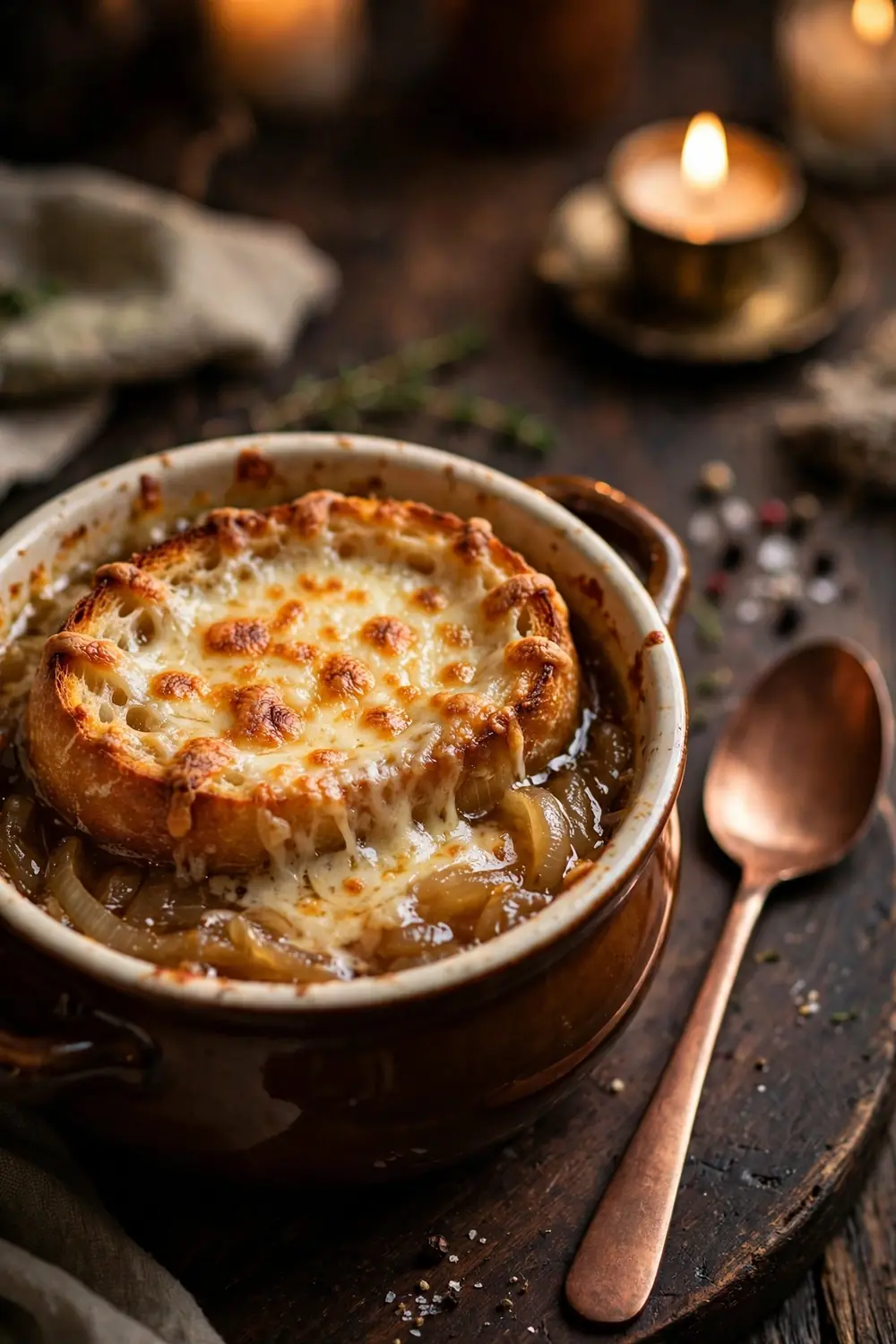 French onion soup with melted cheese crouton