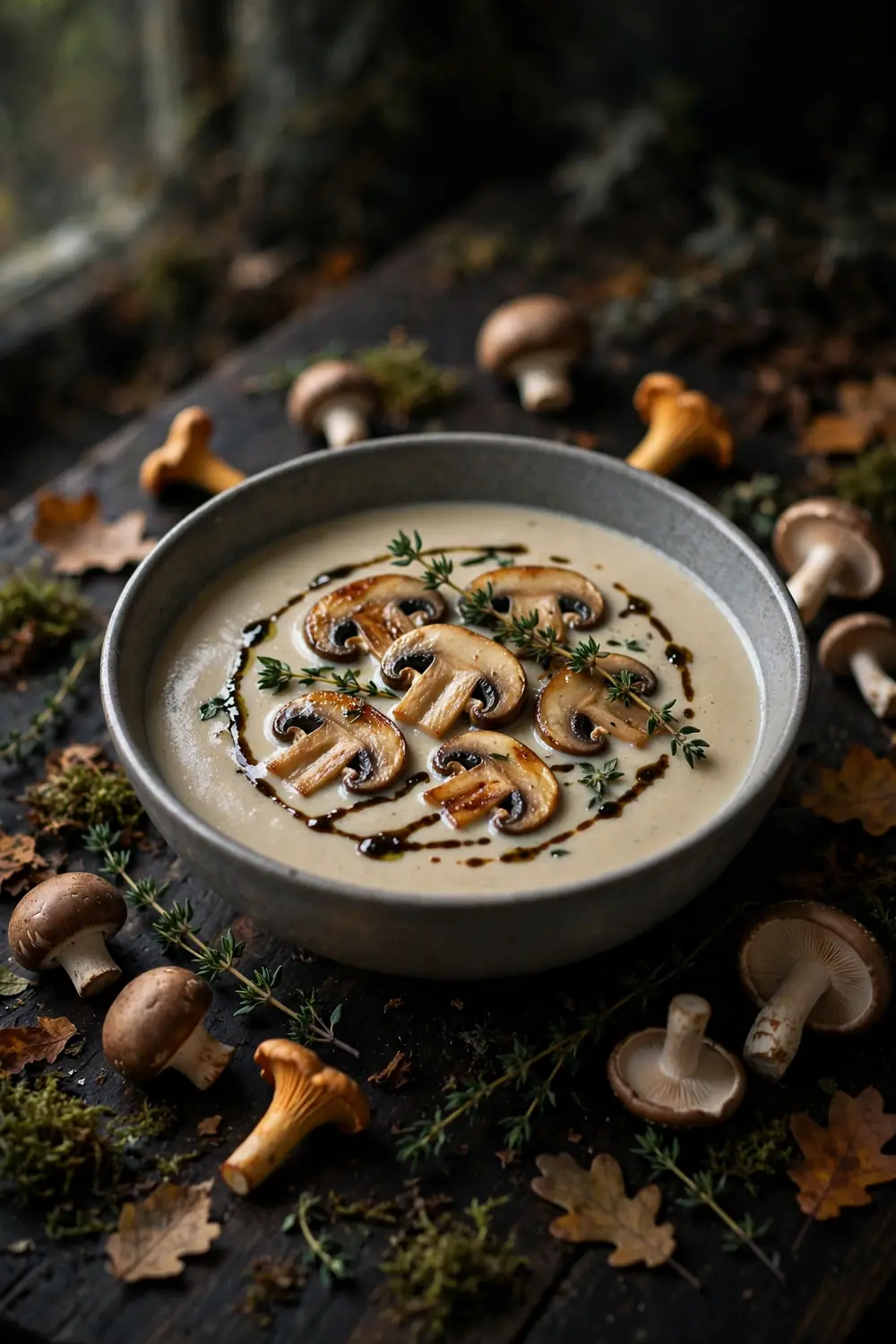 Creamy wild mushroom soup with seared mushrooms and thyme