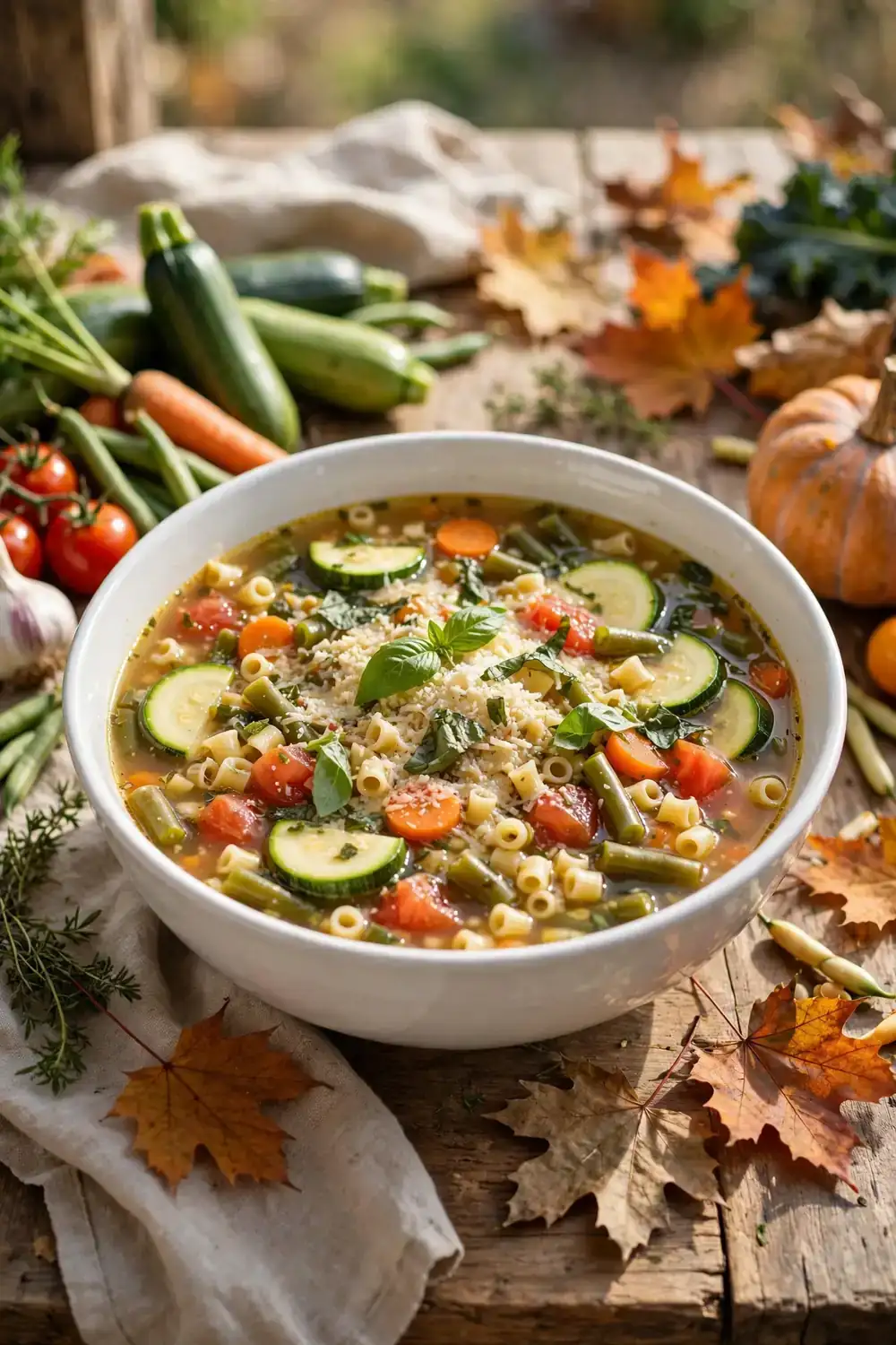 Garden vegetable minestrone with zucchini tomatoes pasta and basil