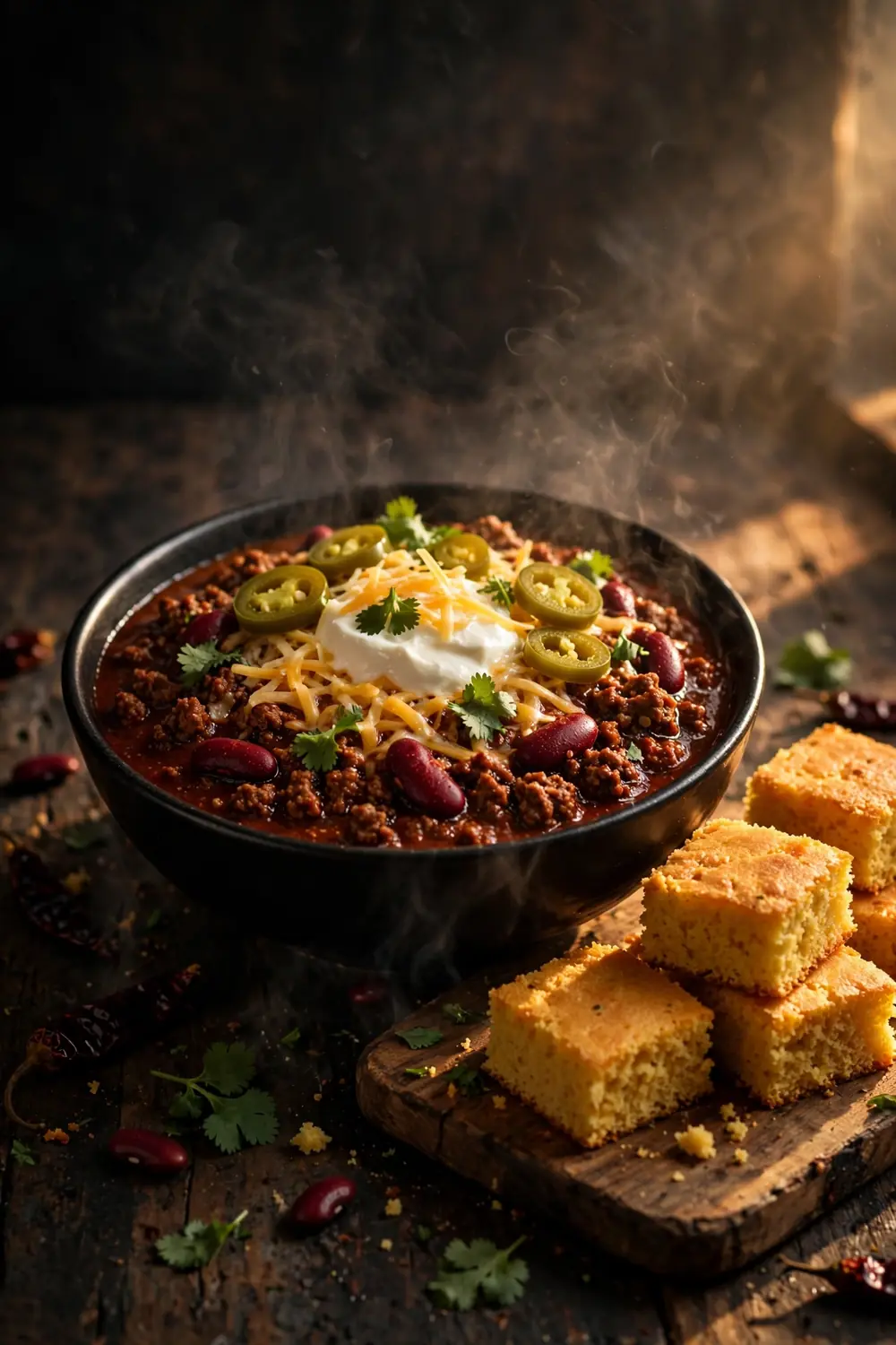 Hearty beef chili with kidney beans jalapenos cheese and cornbread