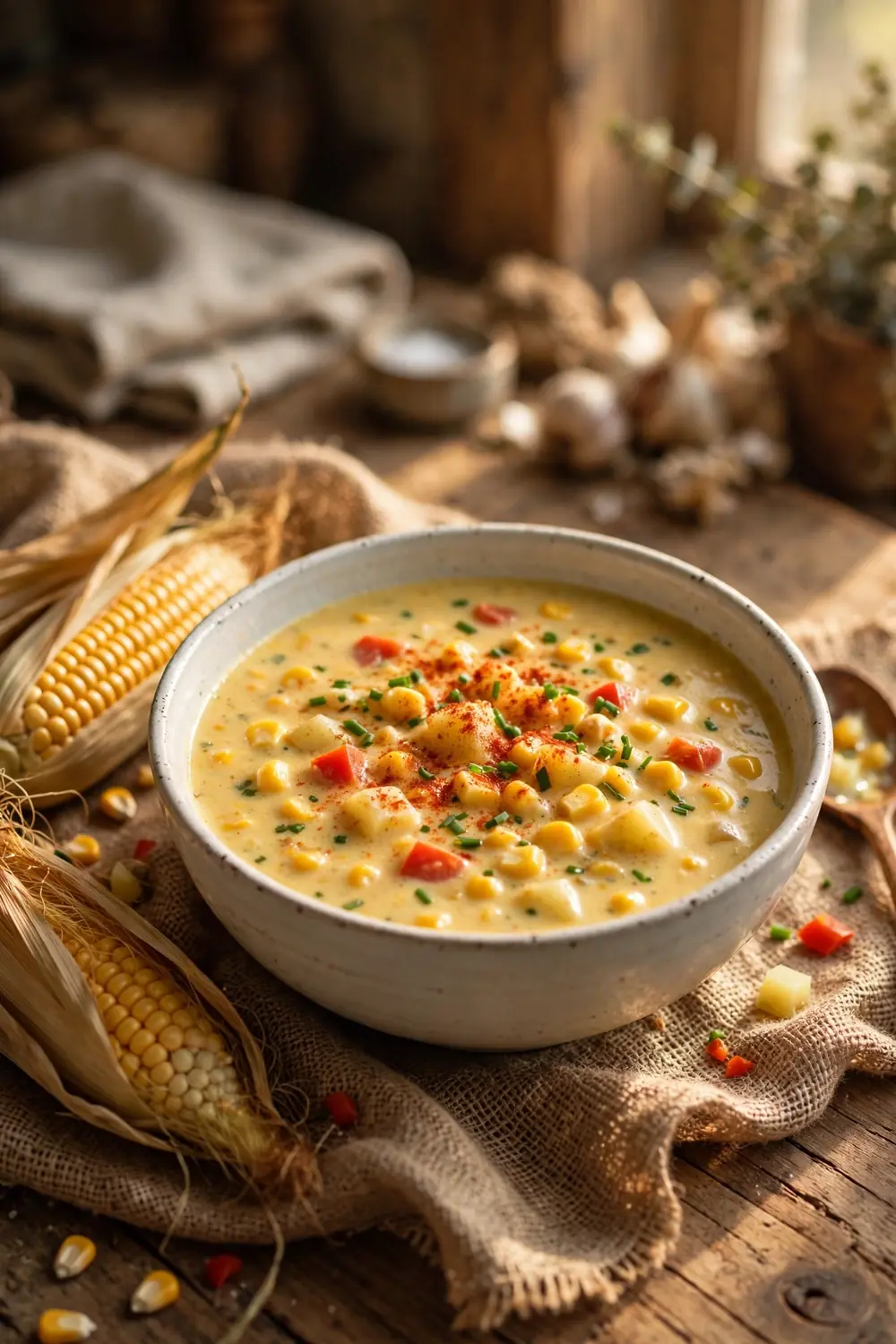 Sweet corn chowder with potatoes peppers and chives