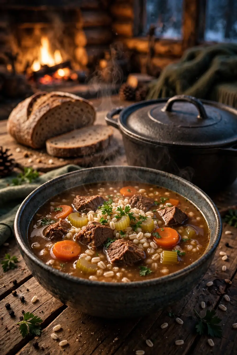 Hearty beef barley soup with carrots celery and parsley