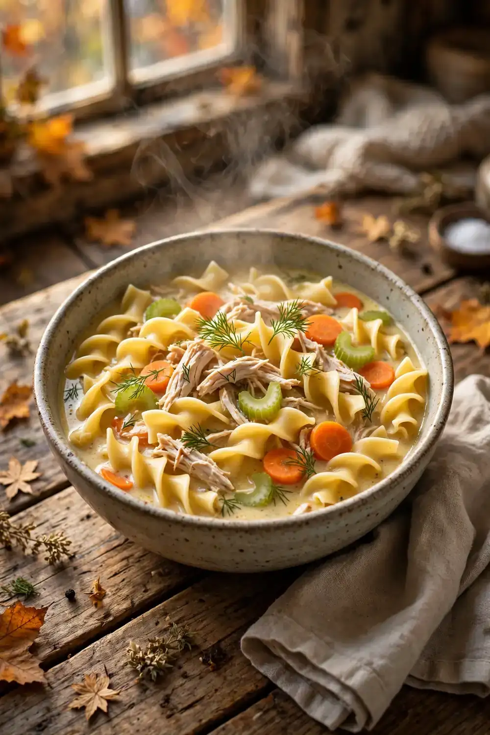 Creamy chicken noodle soup with carrots celery and dill