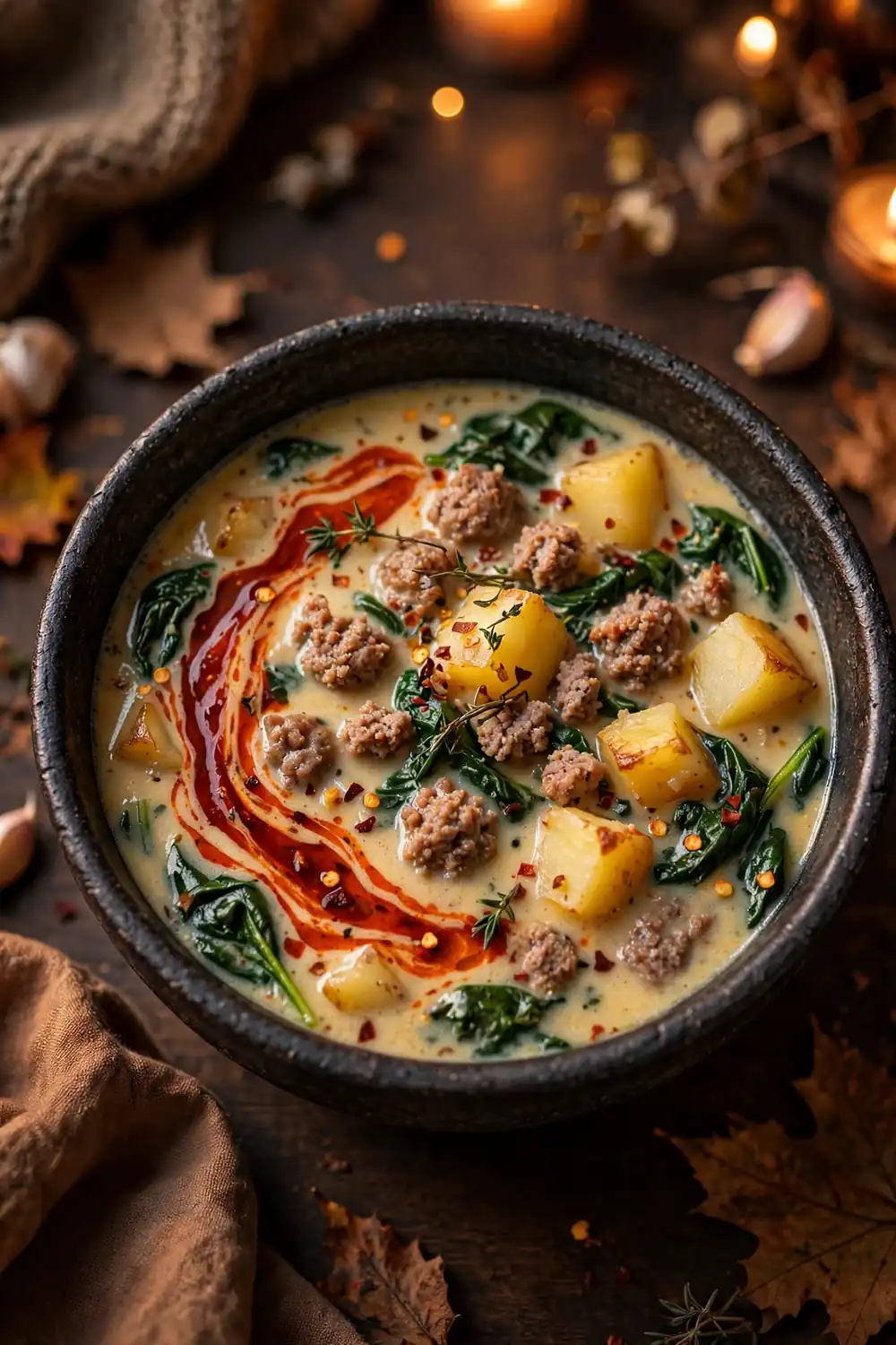 Spicy sausage potato soup with spinach and chili oil