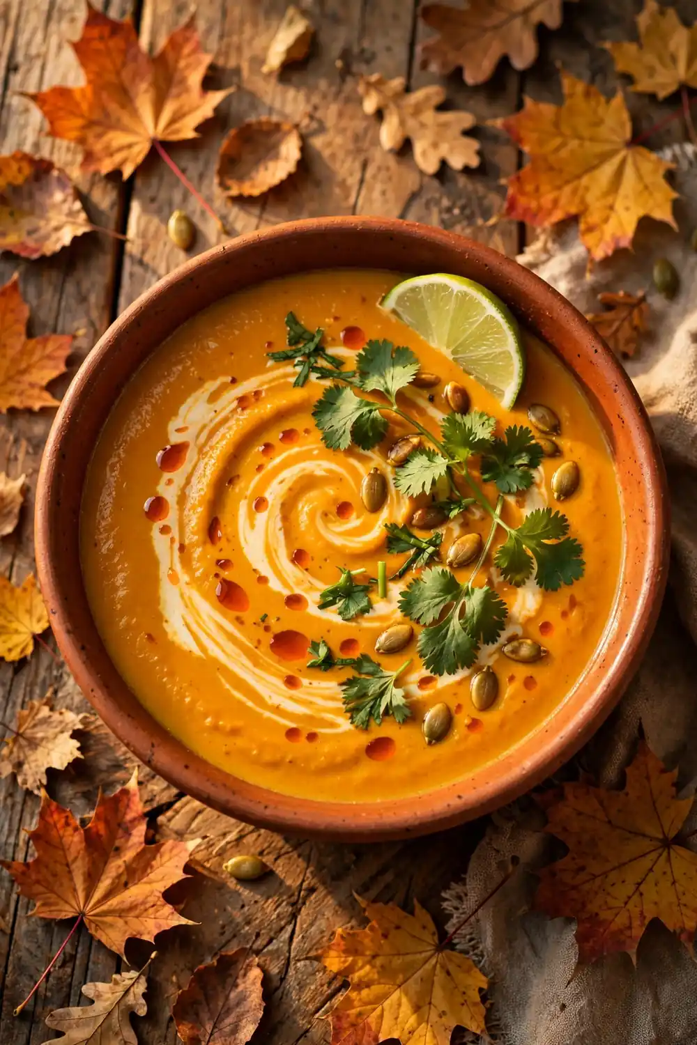 Coconut curry squash soup with cilantro lime and pumpkin seeds