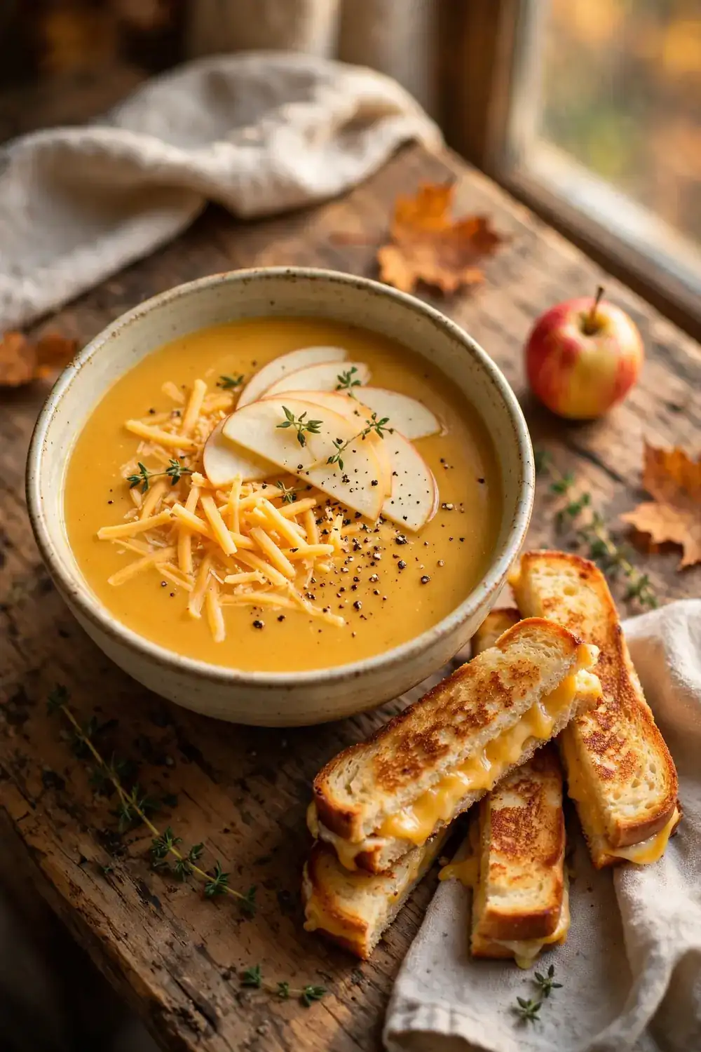 Apple cheddar bisque with shredded cheddar apple slices and thyme