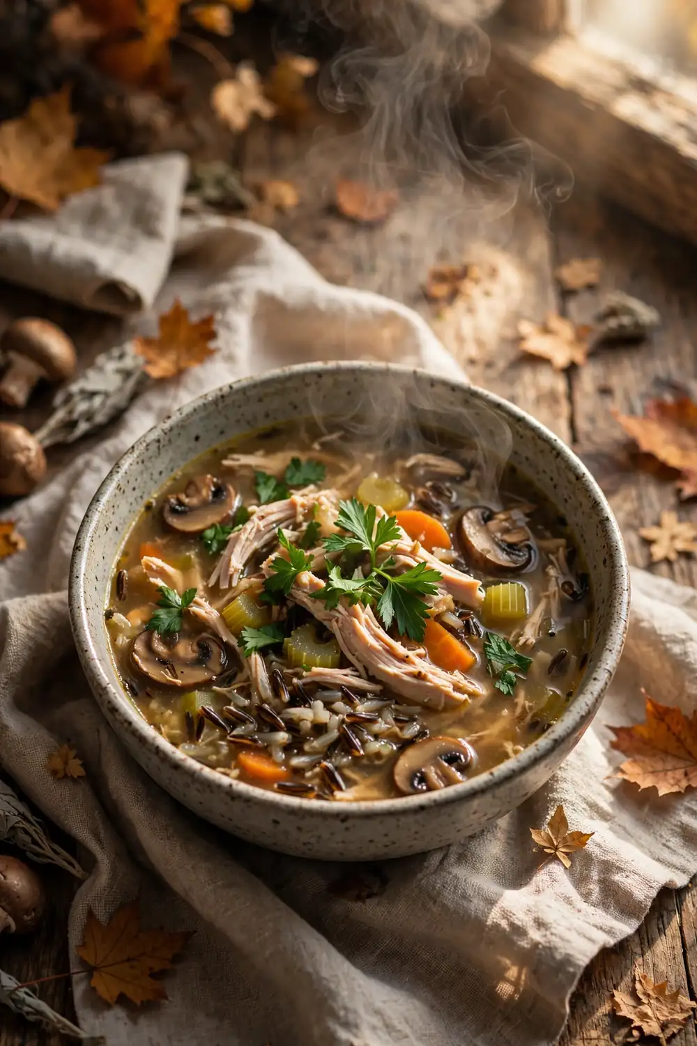 Turkey wild rice soup with carrots celery mushrooms and parsley