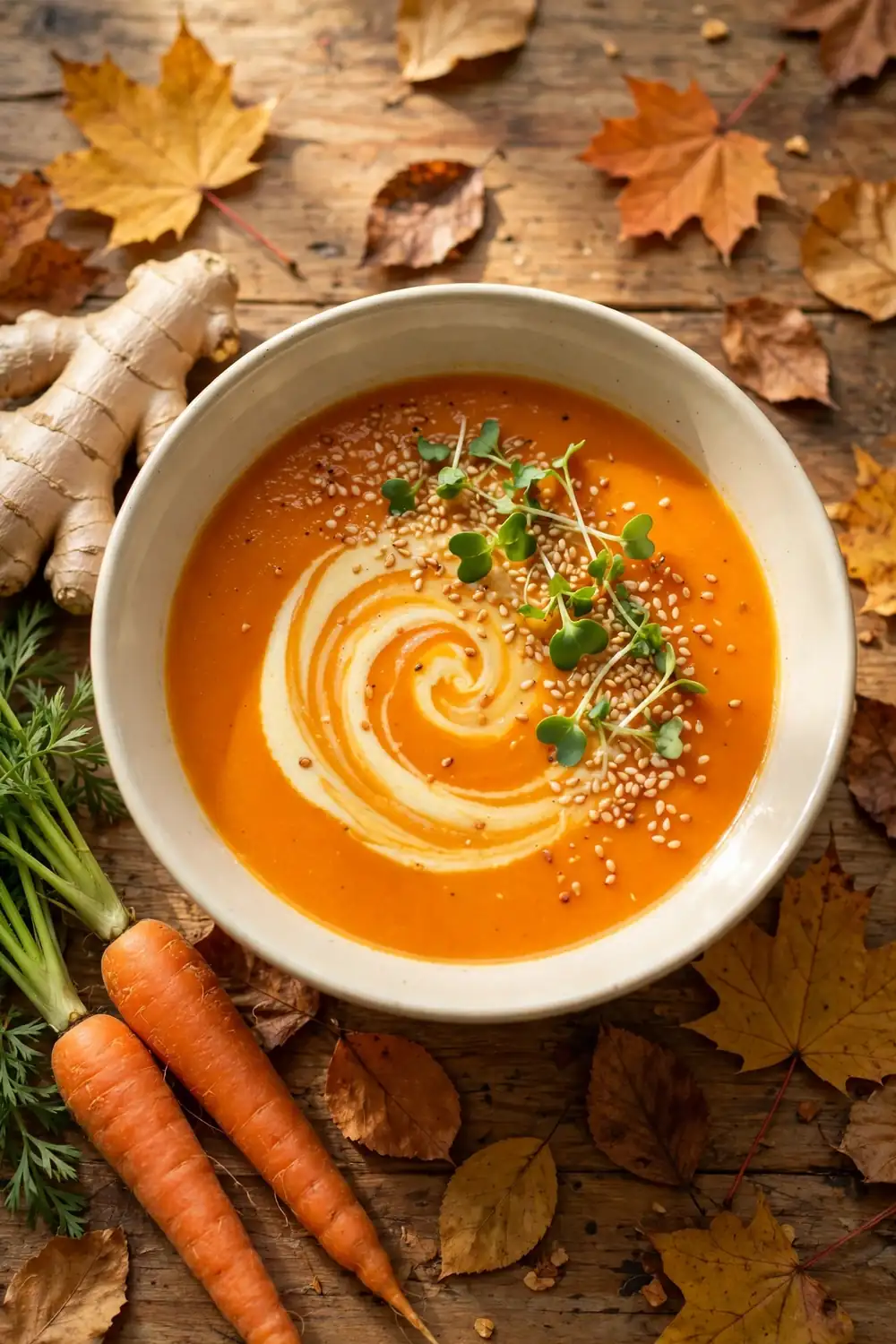 Carrot ginger soup with sesame seeds and microgreens
